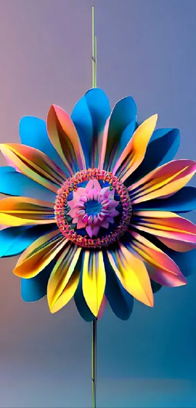 Colorful 3D flower wallpaper with blue and rainbow hues.