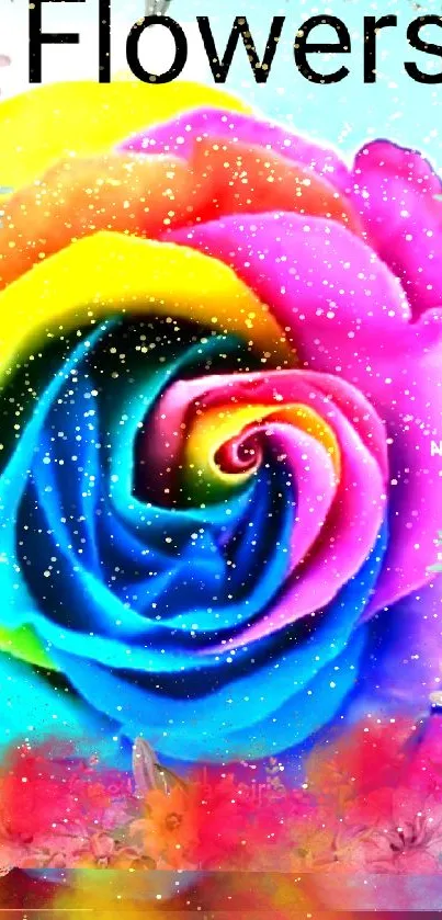 Colorful spiral rainbow flower wallpaper with floral border.