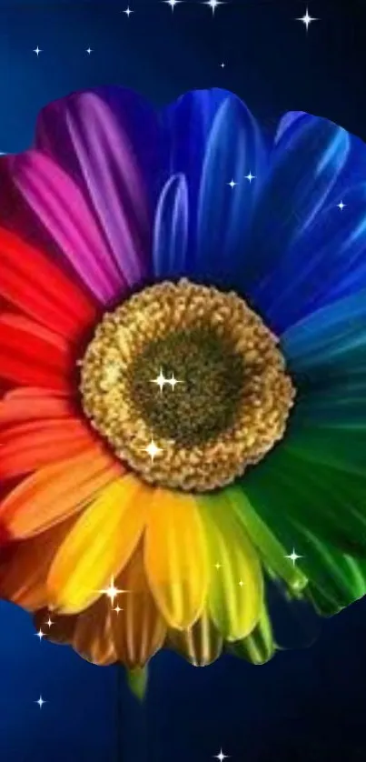 Vibrant rainbow-colored flower against a starry blue background.