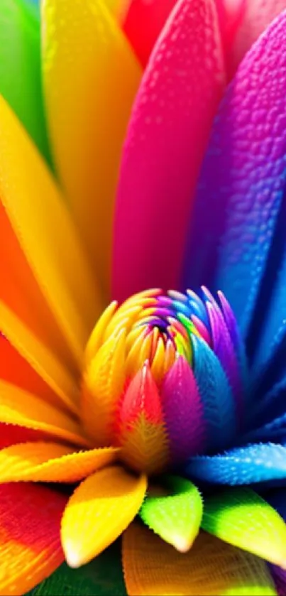 Vibrant rainbow-colored flower with textured petals.