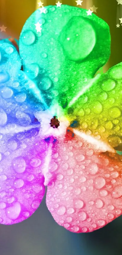 Bright rainbow flower with water droplets on petals.