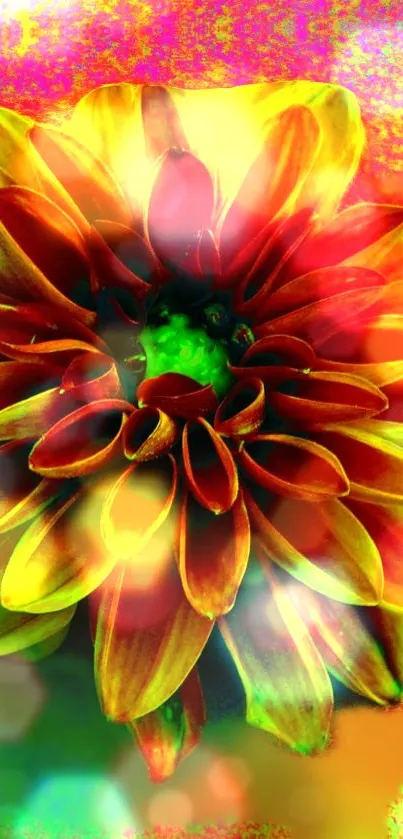 Vibrant rainbow gradient background with central orange flower.