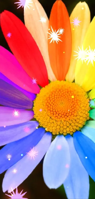 Vibrant rainbow daisy wallpaper for mobile screen with colorful petals and dark background.