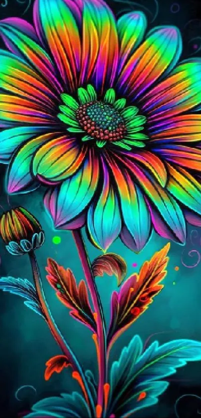 Vivid rainbow-colored flower with teal background.