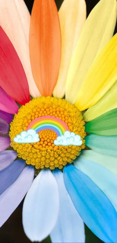 Colorful flower with rainbow center on mobile wallpaper.