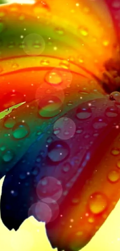 Vibrant rainbow flower with dewdrops on petals.