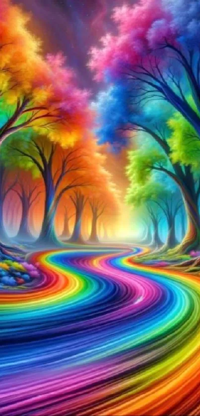 Vibrant rainbow pathway through a fantasy forest scene.