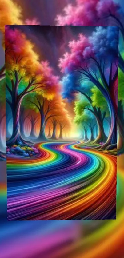 Colorful rainbow path through artistic, vibrant forest with abstract trees.