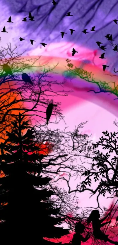 Colorful wallpaper of rainbow over silhouetted trees with birds.