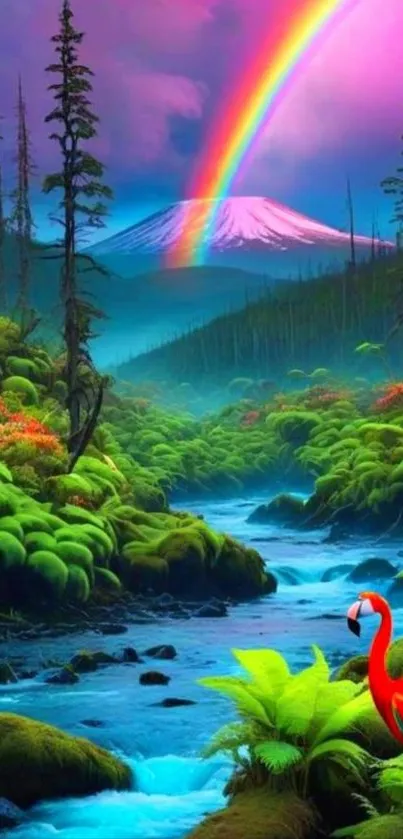 Vibrant forest with rainbow, river, and flamingo.