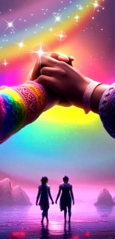 Colorful wallpaper of hands under a rainbow.