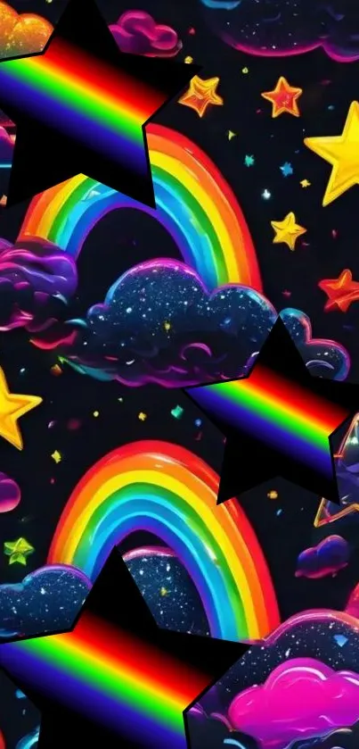 Vibrant wallpaper with rainbows and stars on a black background