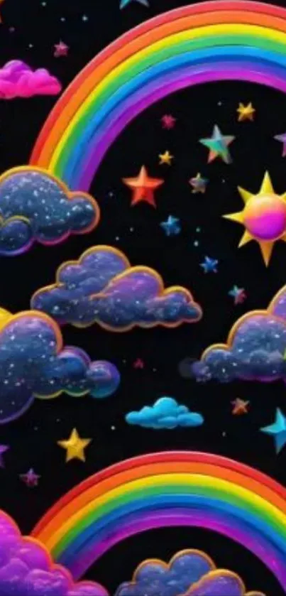 Vibrant rainbow galaxy with stars and clouds.