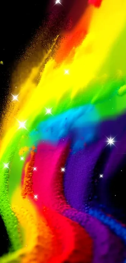 Vibrant rainbow galaxy wallpaper with stars on a black background.