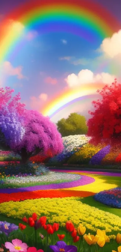 Vibrant garden with rainbows and colorful flowers wallpaper.