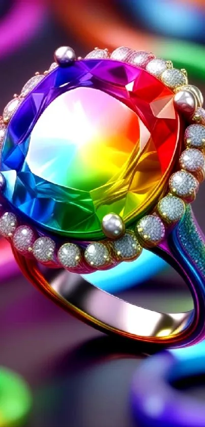 Vibrant rainbow gemstone ring with colorful bands on a mobile wallpaper.