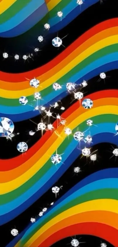 Rainbow stripes and sparkling gemstones on a dark background.