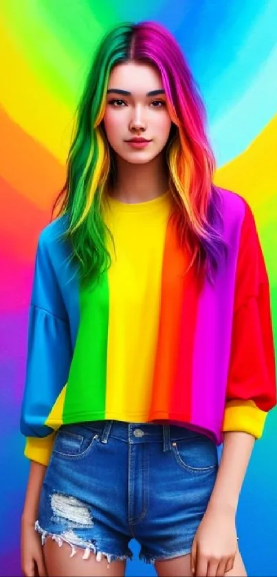 Colorful wallpaper featuring a girl in vibrant rainbow attire.