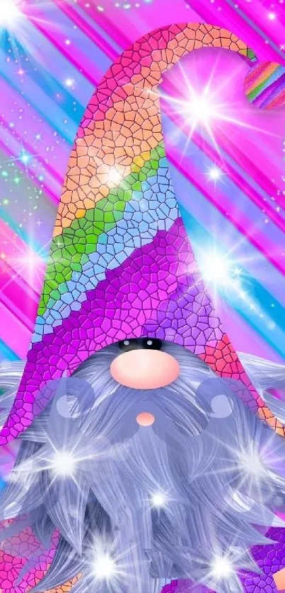 Vibrant rainbow gnome with sparkles and starry background on mobile wallpaper.