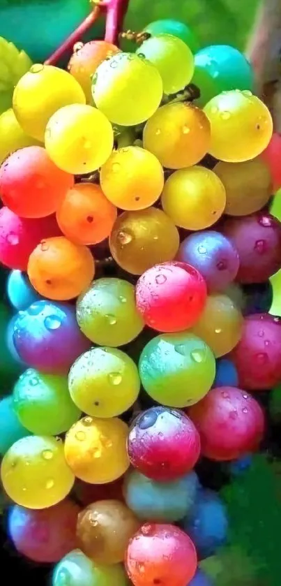 Vibrant grapes in rainbow colors with water droplets close-up.