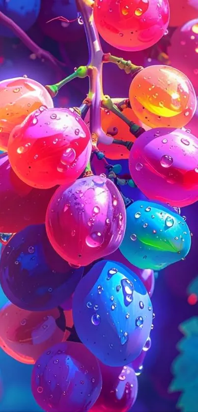 Vibrant grapes with rainbow colors and water droplets.