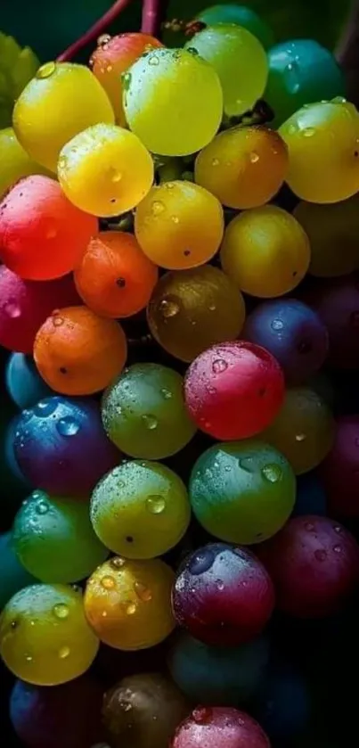 Vibrant wallpaper of colorful grapes with dew droplets.