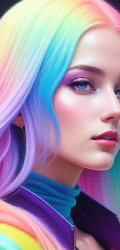 A vibrant mobile wallpaper featuring colorful rainbow hair art.