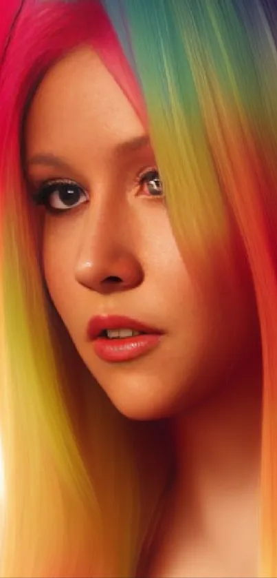 Portrait with rainbow-colored hair in vibrant hues.