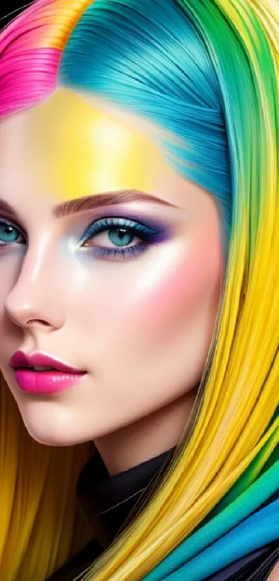 Vibrant portrait with rainbow hair and colorful makeup.