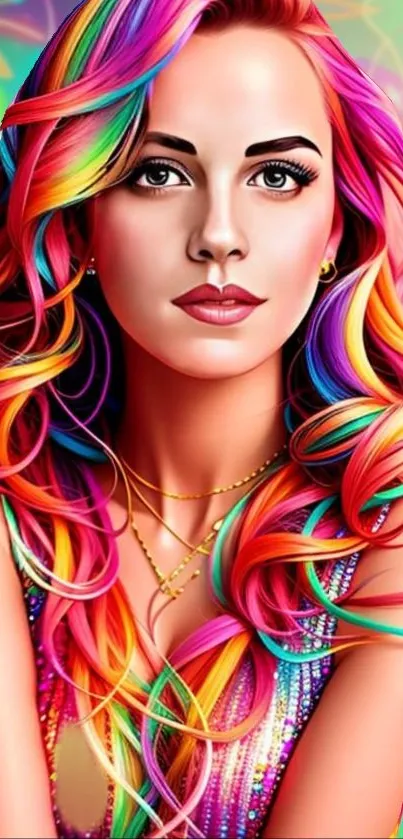 Vibrant artistic portrait with rainbow hair in a digital phone wallpaper.