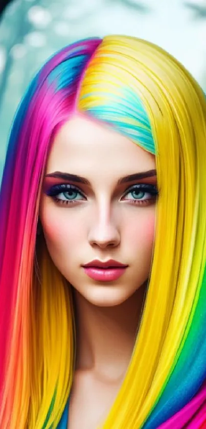 Vibrant wallpaper featuring a portrait with rainbow colored hair.