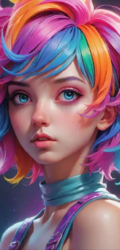 Colorful wallpaper of a stylized character with rainbow hair.