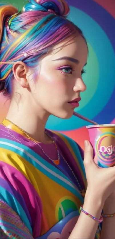 Vibrant rainbow hair art mobile wallpaper featuring colorful fashion.