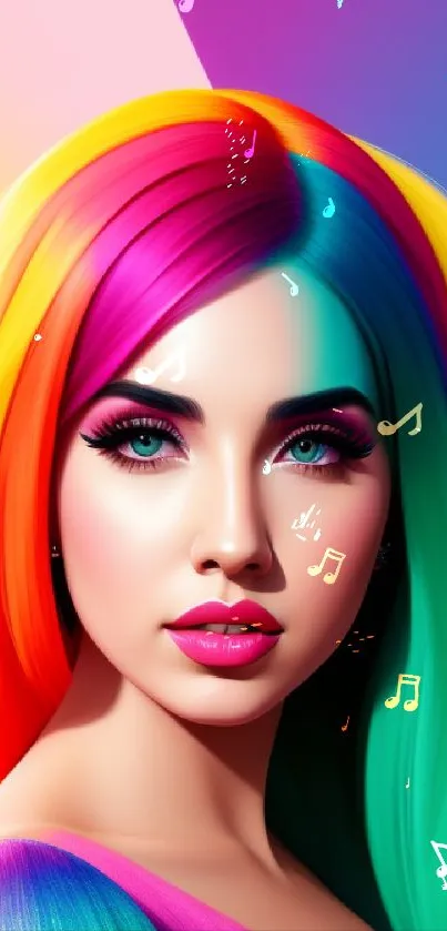 Vibrant artwork featuring a woman with rainbow-colored hair blending into a gradient background.