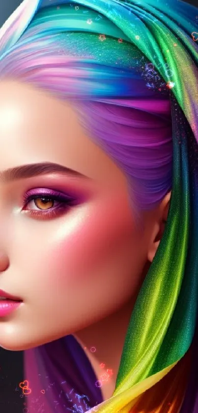 A vibrant digital portrait of a woman with rainbow-colored hair.