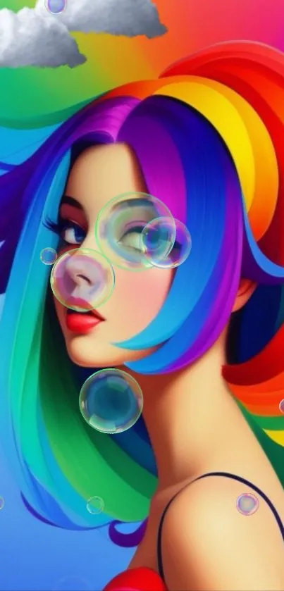 Artwork of a woman with vibrant rainbow hair and bubbles on a colorful background.