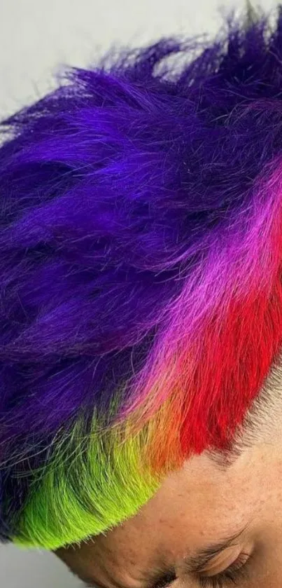 Colorful rainbow hairstyle with purple, pink, and neon hues in a creative look.