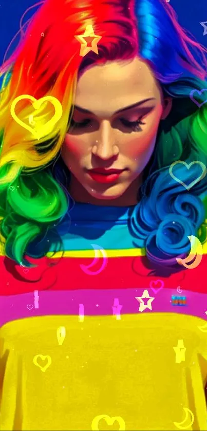 A colorful wallpaper with rainbow hair and vibrant stripes.