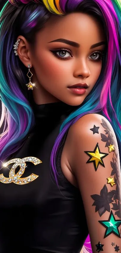Vibrant artwork of woman with rainbow hair and star tattoos.