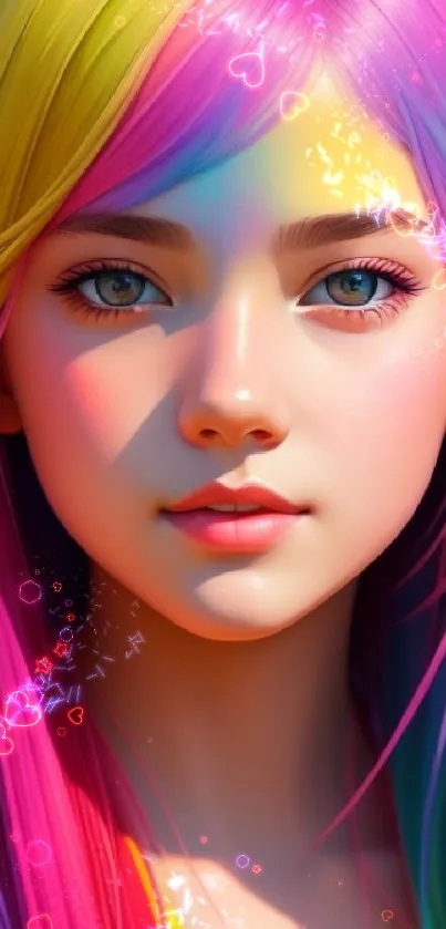 Vibrant rainbow-haired girl in colorful digital art.