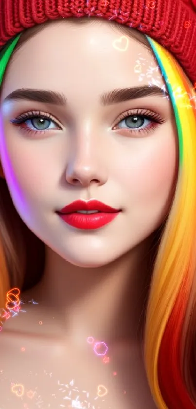 Artistic portrait of a woman with rainbow hair and red beanie.