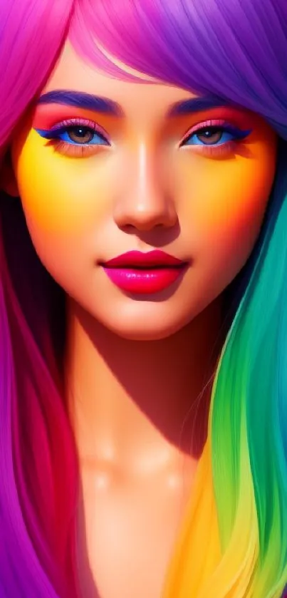 Vibrant rainbow-themed wallpaper with colorful hair and makeup.