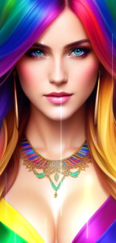 A vibrant artwork of a woman with rainbow-colored hair on a mobile wallpaper.