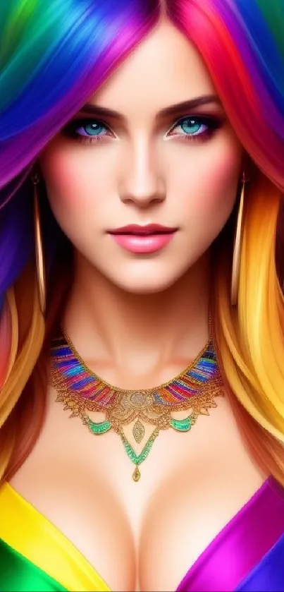 A woman with vibrant rainbow hair in an artistic mobile wallpaper.