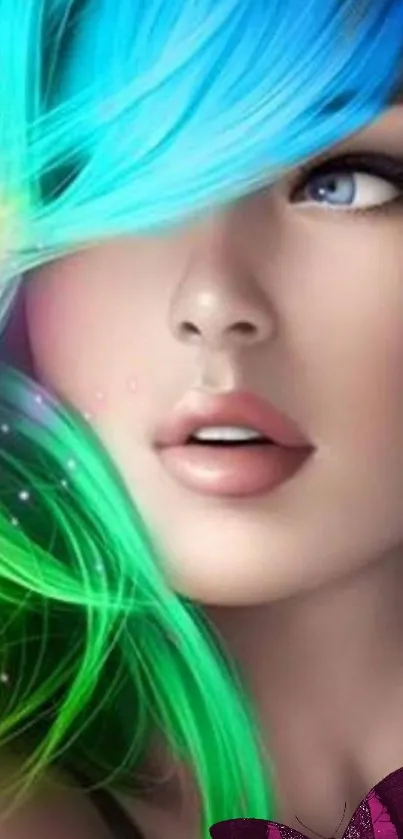 Woman with vibrant rainbow hair and a butterfly, artistic mobile wallpaper.