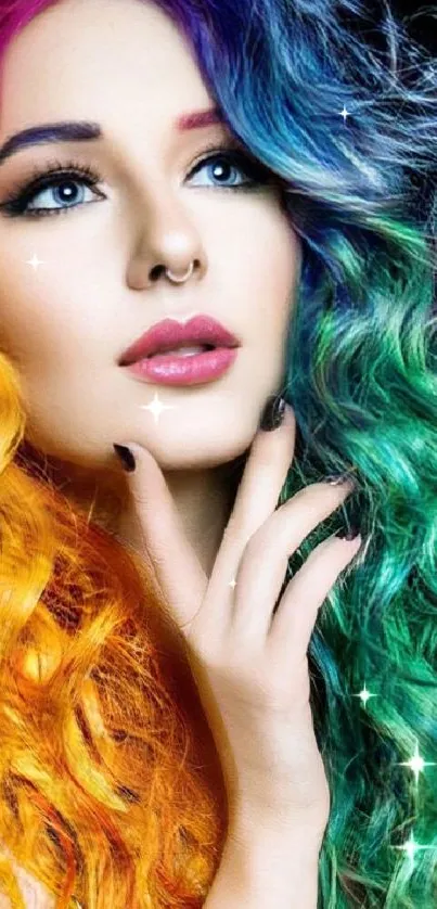 Vibrant rainbow hair with colorful waves in a dynamic style on black background.