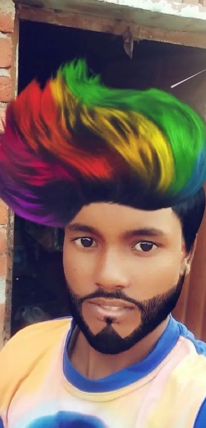 Person with vibrant rainbow hair in a colorful urban setting.