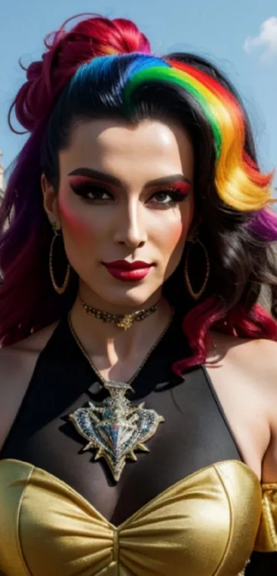 Woman with rainbow hair and bold makeup in city