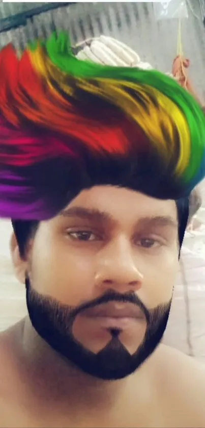 Vibrant rainbow hair with modern beard filter effect.