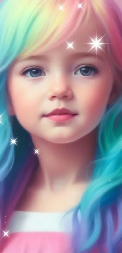 A child with vibrant rainbow-colored hair in a soft pastel portrait.